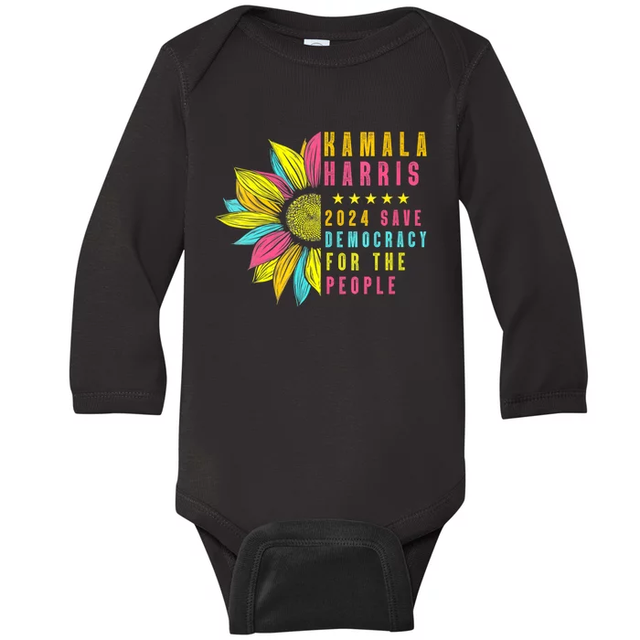 Kamala Harris 2024 Save Democracy For The People Sunflower Baby Long Sleeve Bodysuit