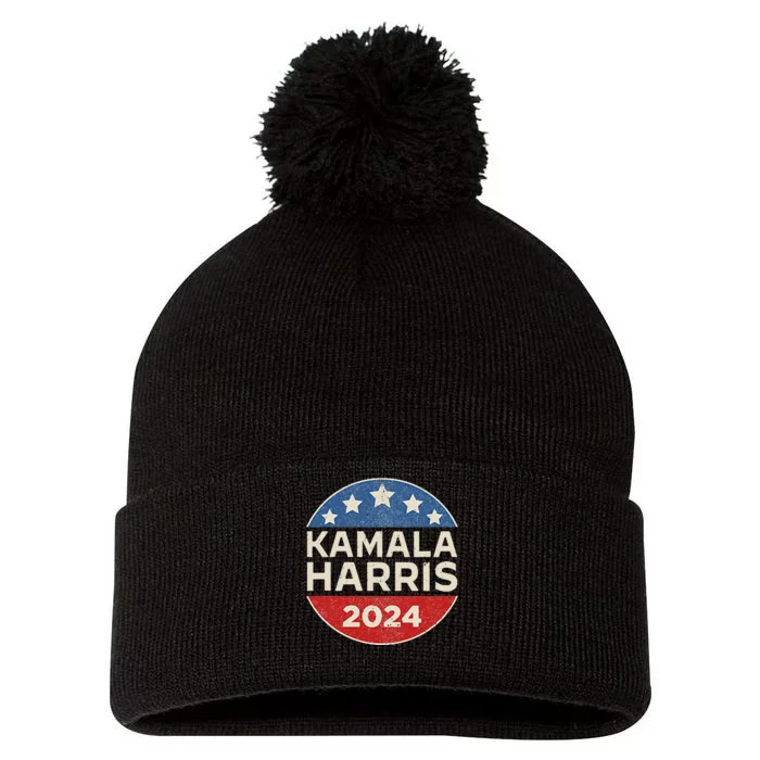 Kamala Harris 2024 Retro Campaign Button Election Pocket Pom Pom 12in Knit Beanie