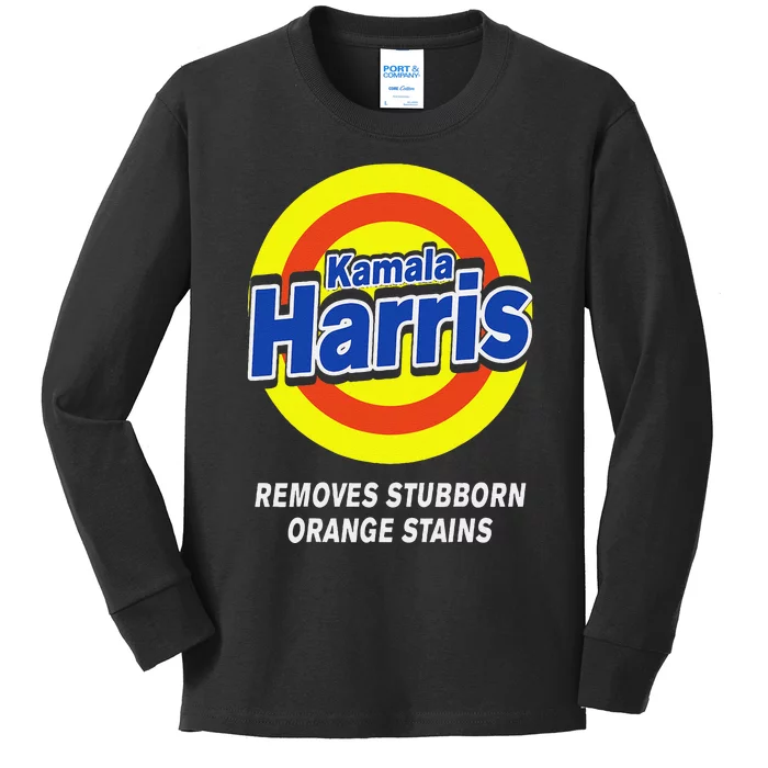 Kamala Harris 2024 Removes Stubborn Orange Stains Humorous Kids Long Sleeve Shirt