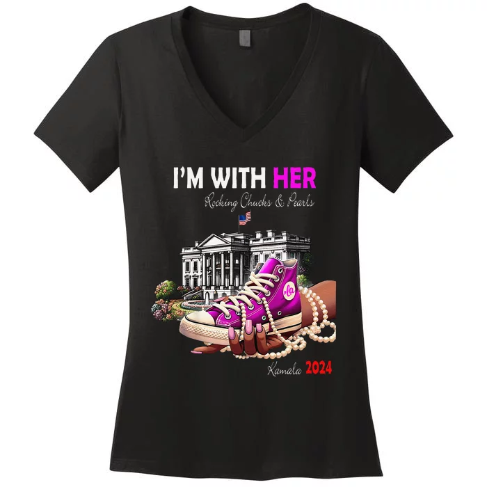 Kamala Harris 2024 IM With Her Rocking Chucks & Pearls Gift Women's V-Neck T-Shirt