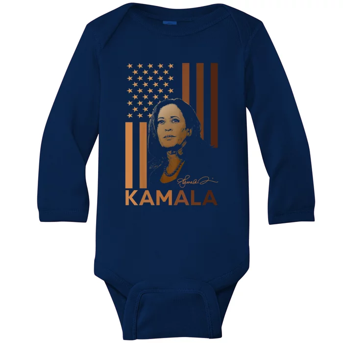 Kamala Harris 2024 American Flag Madam President Melanin Great Gift Baby Long Sleeve Bodysuit