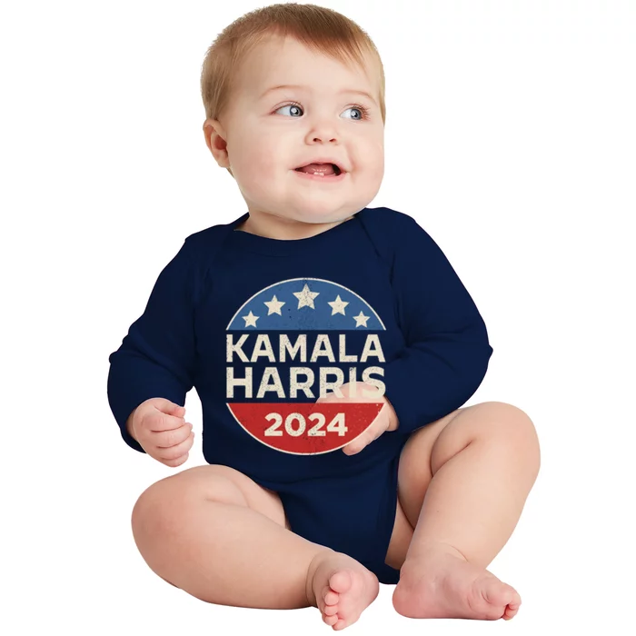 Kamala Harris 2024 Retro Campaign Button Election Pocket Cute Gift Baby Long Sleeve Bodysuit