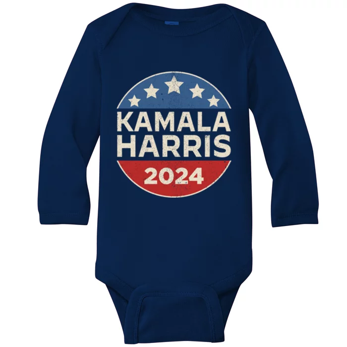 Kamala Harris 2024 Retro Campaign Button Election Pocket Cute Gift Baby Long Sleeve Bodysuit