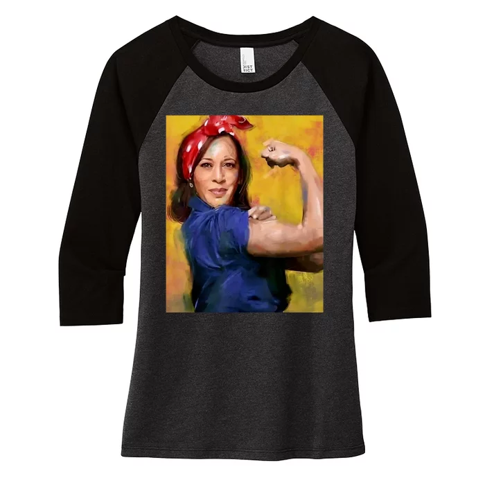 Kamala Harris 2024 Rosie The Riveter Childless Cat Lady Vote Women's Tri-Blend 3/4-Sleeve Raglan Shirt