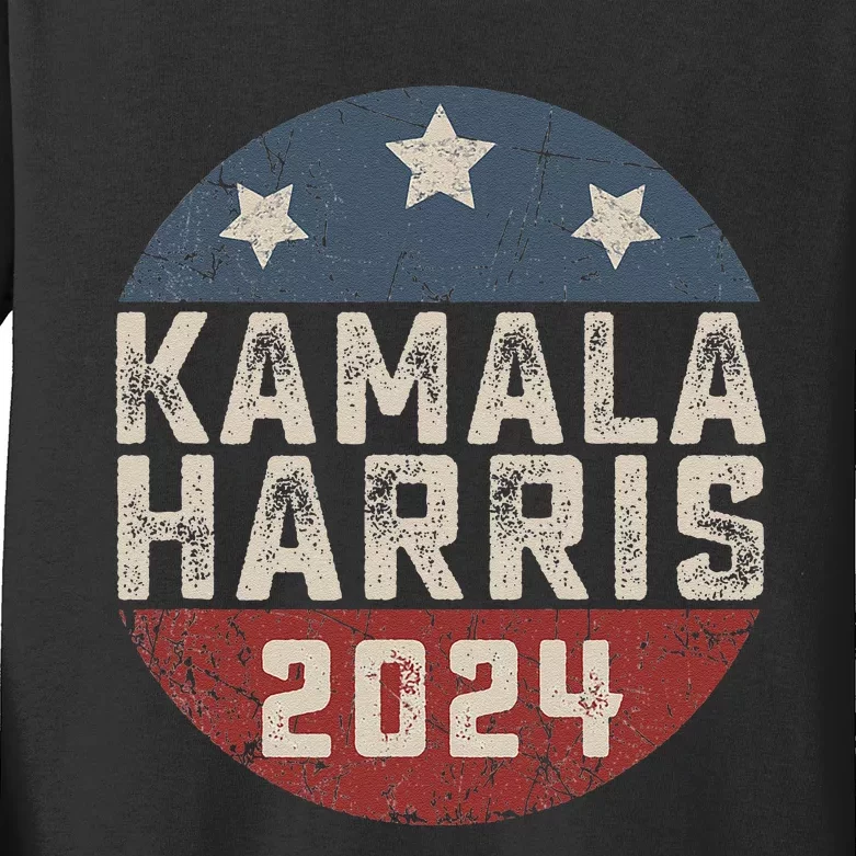 Kamala Harris 2024 For President Retro Button Election Kids Long Sleeve Shirt