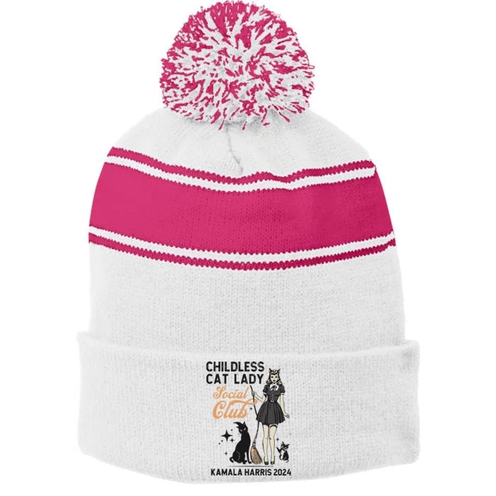 Kamala Harris 2024 Childless Cat Lady Social Club Stripe Pom Pom Beanie