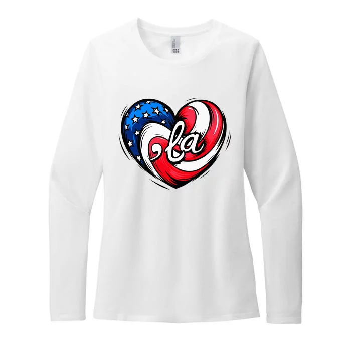 Kamala Harris 2024 American Flag Heart Comma La Patriotic Womens CVC Long Sleeve Shirt