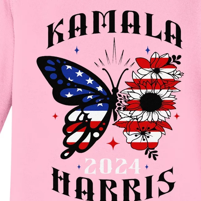 Kamala Harris 2024 Feminine Butterfly Sunflower Vote Women Baby Long Sleeve Bodysuit