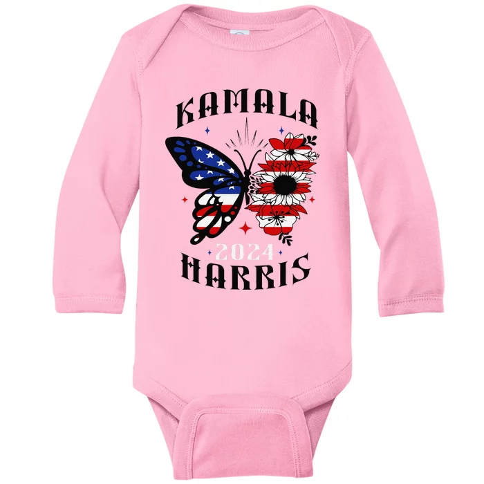 Kamala Harris 2024 Feminine Butterfly Sunflower Vote Women Baby Long Sleeve Bodysuit