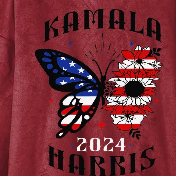 Kamala Harris 2024 Feminine Butterfly Sunflower Vote Women Hooded Wearable Blanket