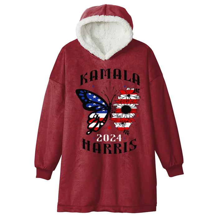 Kamala Harris 2024 Feminine Butterfly Sunflower Vote Women Hooded Wearable Blanket