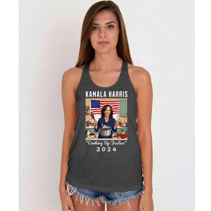 Kamala Harris 2024 Cooking Up Justice Fun Political Women's Knotted Racerback Tank