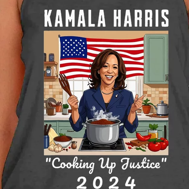 Kamala Harris 2024 Cooking Up Justice Fun Political Women's Knotted Racerback Tank