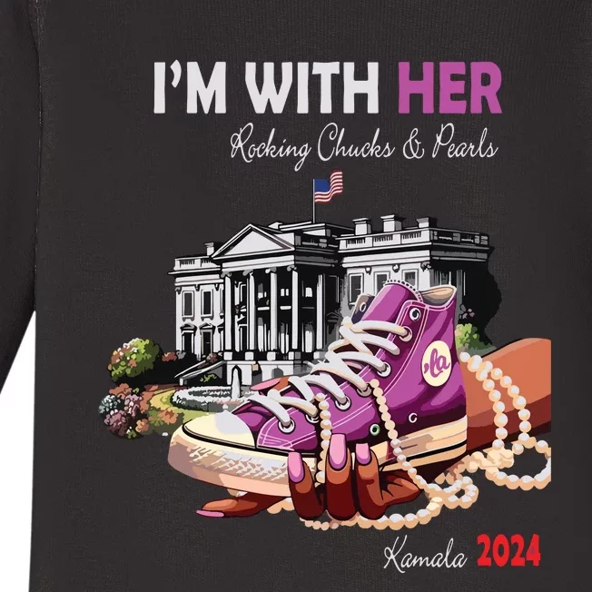 Kamala Harris 2024 IM With Her Rocking Chucks & Pearls Baby Long Sleeve Bodysuit