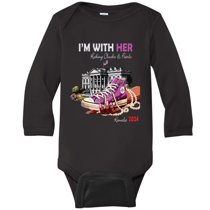 Kamala Harris 2024 IM With Her Rocking Chucks & Pearls Baby Long Sleeve Bodysuit