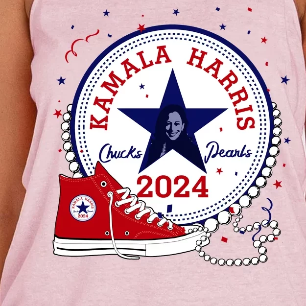 Kamala Harris 2024 Chucks And Pearls Comma La Cat Women's Knotted Racerback Tank