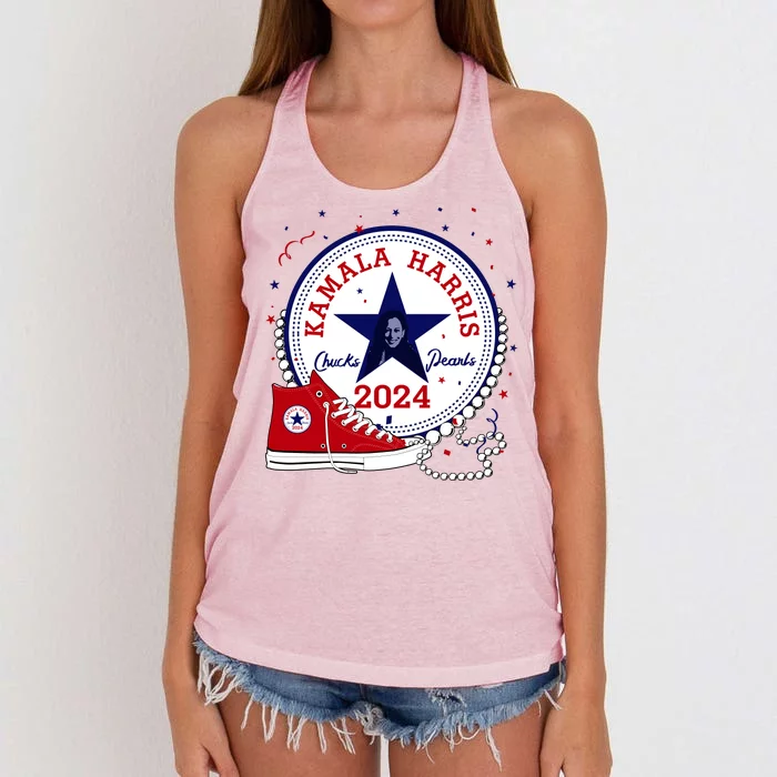 Kamala Harris 2024 Chucks And Pearls Comma La Cat Women's Knotted Racerback Tank