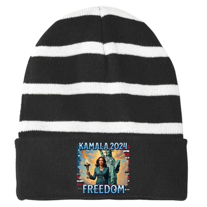 Kamala Harris 2024 For President Campaign Lady Liberty Torch Striped Beanie with Solid Band