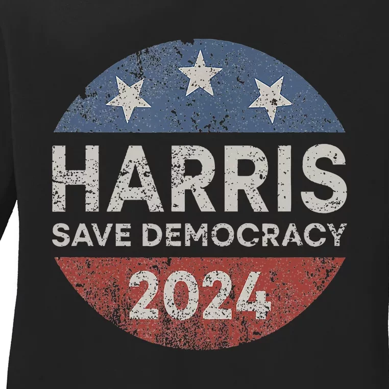 Kamala Harris 2024 Save Democracy Retro Button Election 2024 Ladies Long Sleeve Shirt