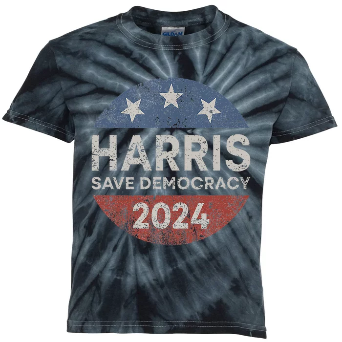 Kamala Harris 2024 Save Democracy Retro Button Election 2024 Kids Tie-Dye T-Shirt