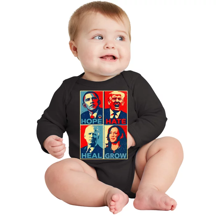 Kamala Harris 2024 President Campaign Hope Hate Heal Grow Baby Long Sleeve Bodysuit