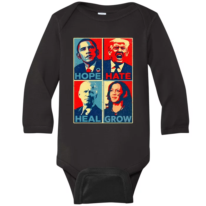 Kamala Harris 2024 President Campaign Hope Hate Heal Grow Baby Long Sleeve Bodysuit