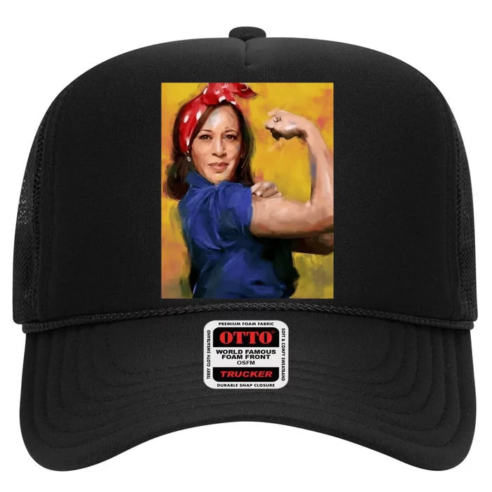 Kamala Harris 2024 Rosie The Riveter Childless Cat Lady Vote High Crown Mesh Trucker Hat