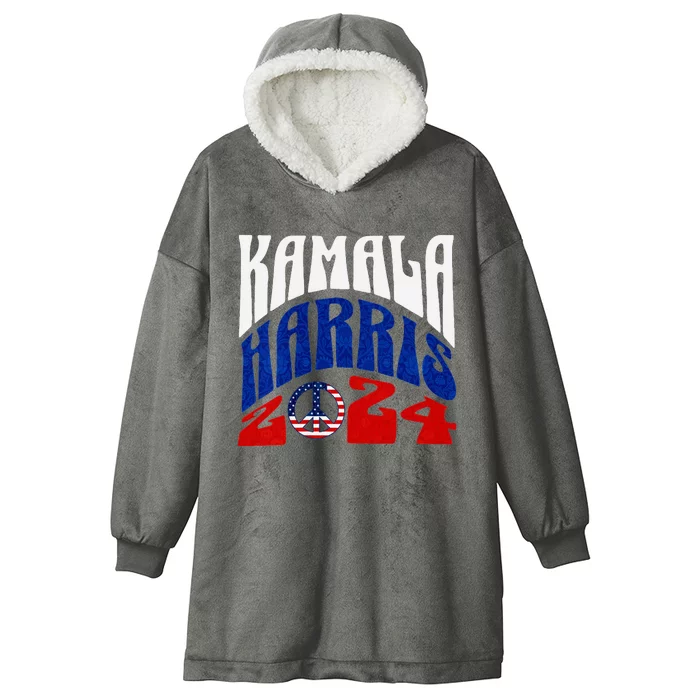 Kamala Harris 2024 Vote Peace Retro Groovy President Women V Neck Hooded Wearable Blanket