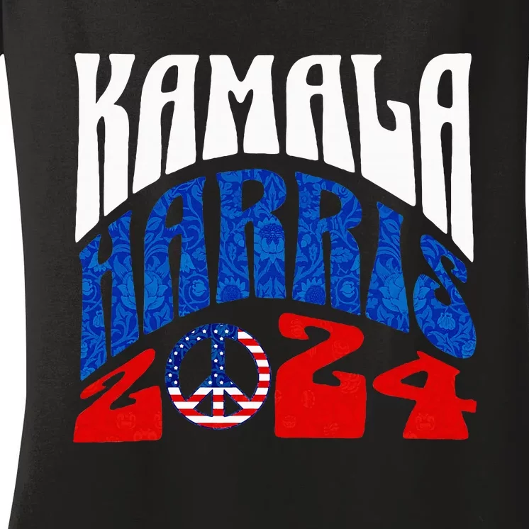 Kamala Harris 2024 Vote Peace Retro Groovy President Women Women's V-Neck T-Shirt