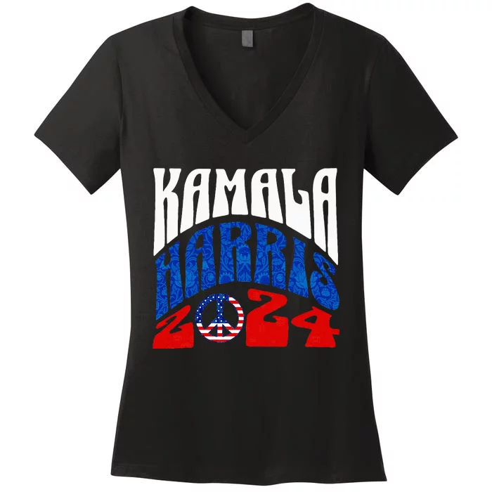 Kamala Harris 2024 Vote Peace Retro Groovy President Women Women's V-Neck T-Shirt