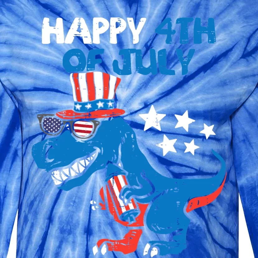 Kids Happy 4th Of July Trex Dino Dinosaur Gift Tie-Dye Long Sleeve Shirt