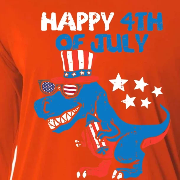 Kids Happy 4th Of July Trex Dino Dinosaur Funny Gift Cooling Performance Long Sleeve Crew