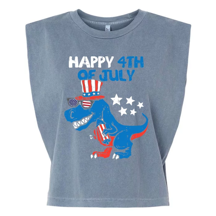 Kids Happy 4th Of July Trex Dino Dinosaur Funny Gift Garment-Dyed Women's Muscle Tee