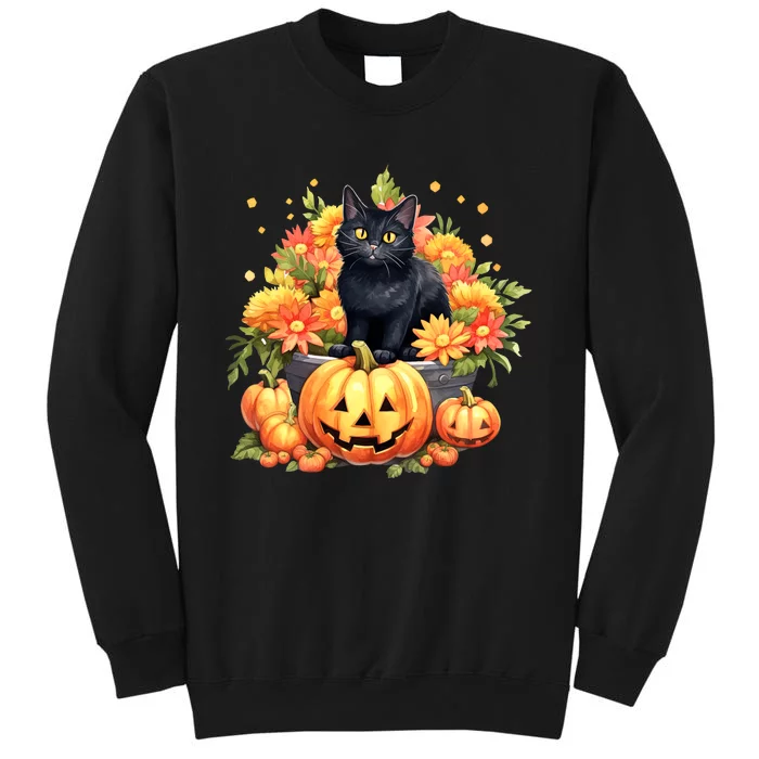 Kawaii Halloween Black Cat With Pumpkin And Flowers Sweatshirt