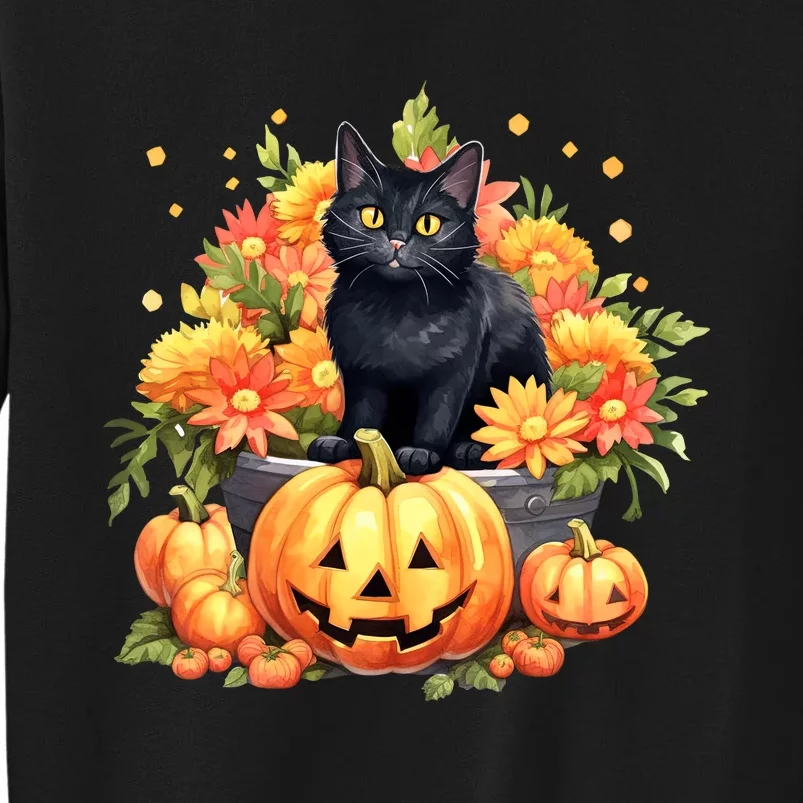 Kawaii Halloween Black Cat With Pumpkin And Flowers Tall Sweatshirt