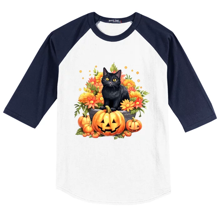 Kawaii Halloween Black Cat With Pumpkin And Flowers Baseball Sleeve Shirt