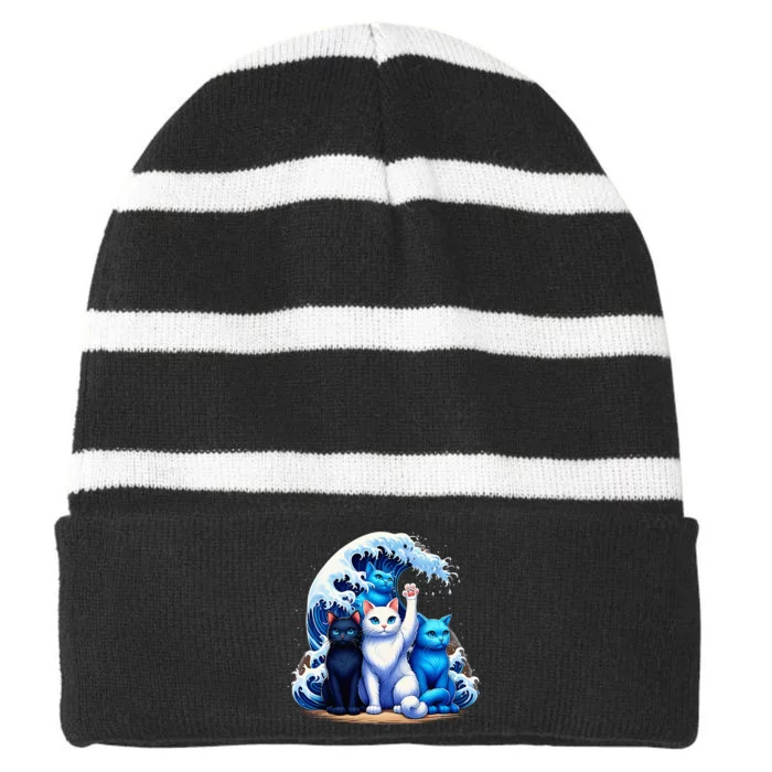 Kamala Harris Blue Cats Wave Cat Owners Cat Lovers Kamala Striped Beanie with Solid Band