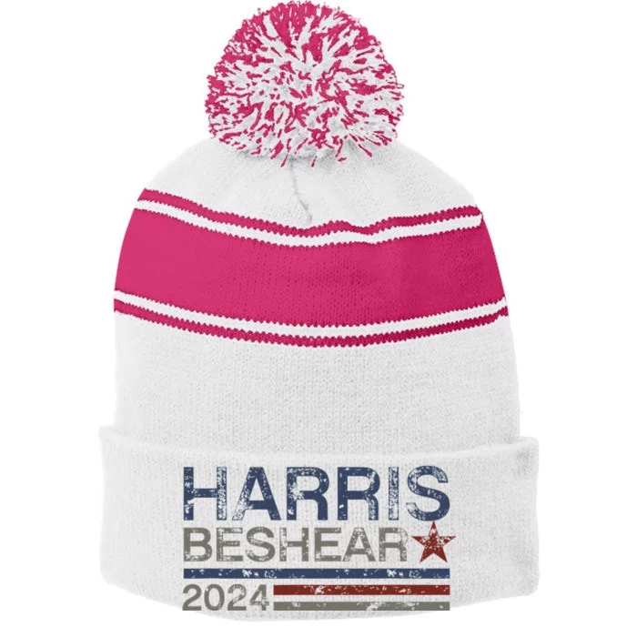 Kamala Harris Beshear 2024 Stripe Grunge Harris Beshear 2024 Stripe Pom Pom Beanie