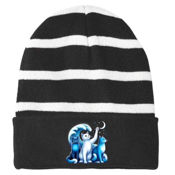 Kamala Harris Blue Cats Wave Kamala Funny For Cat Lovers Striped Beanie with Solid Band