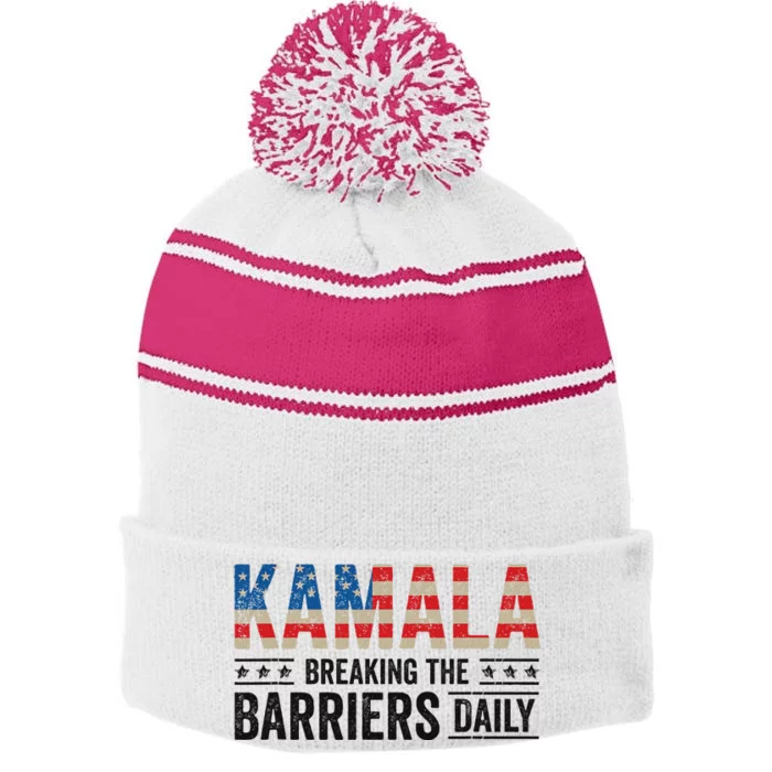 Kamala Harris Breaking Barriers Daily Design Stripe Pom Pom Beanie