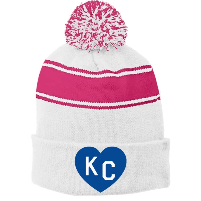 Kc Heart Blue Kansas City Stripe Pom Pom Beanie