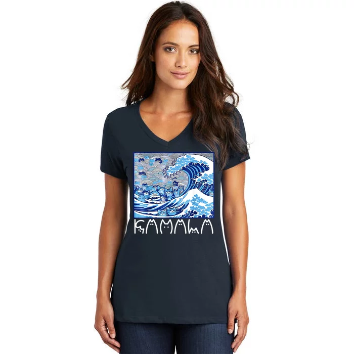 Kamala Harris Blue Cats Wave Funny Cat Women's V-Neck T-Shirt