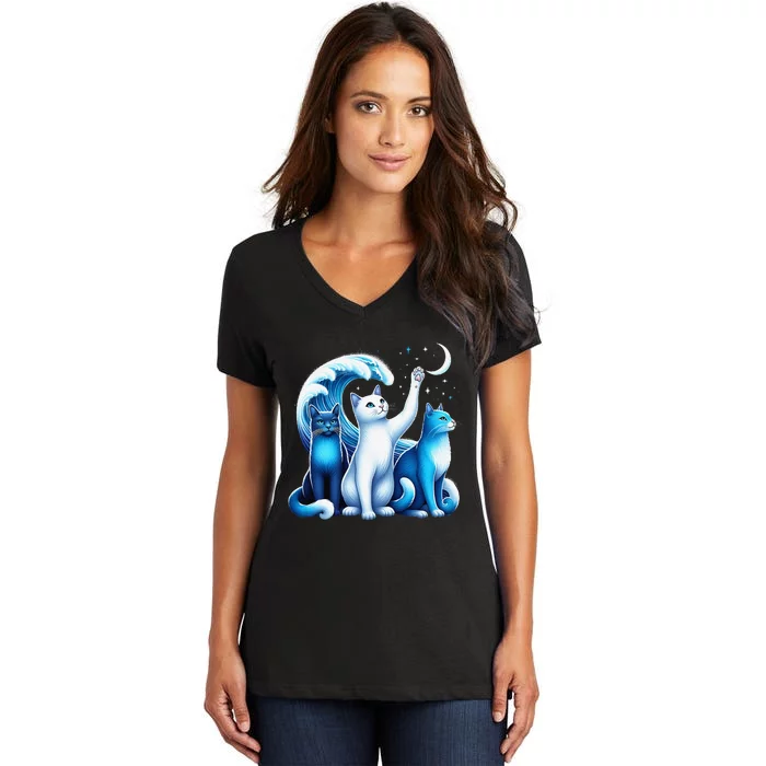 Kamala Harris Blue Cats Wave Kamala Funny For Cat Lovers Gift Women's V-Neck T-Shirt