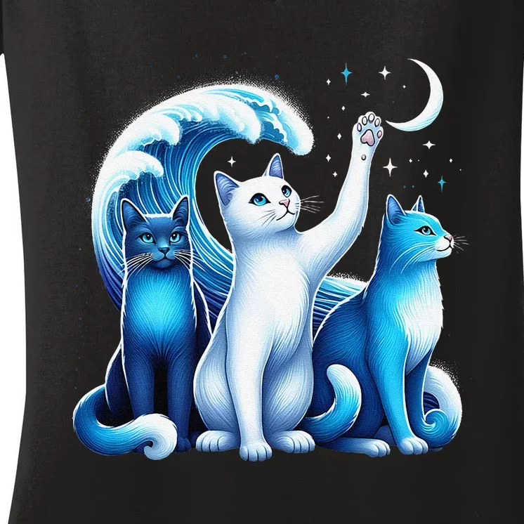 Kamala Harris Blue Cats Wave Kamala Funny For Cat Lovers Gift Women's V-Neck T-Shirt