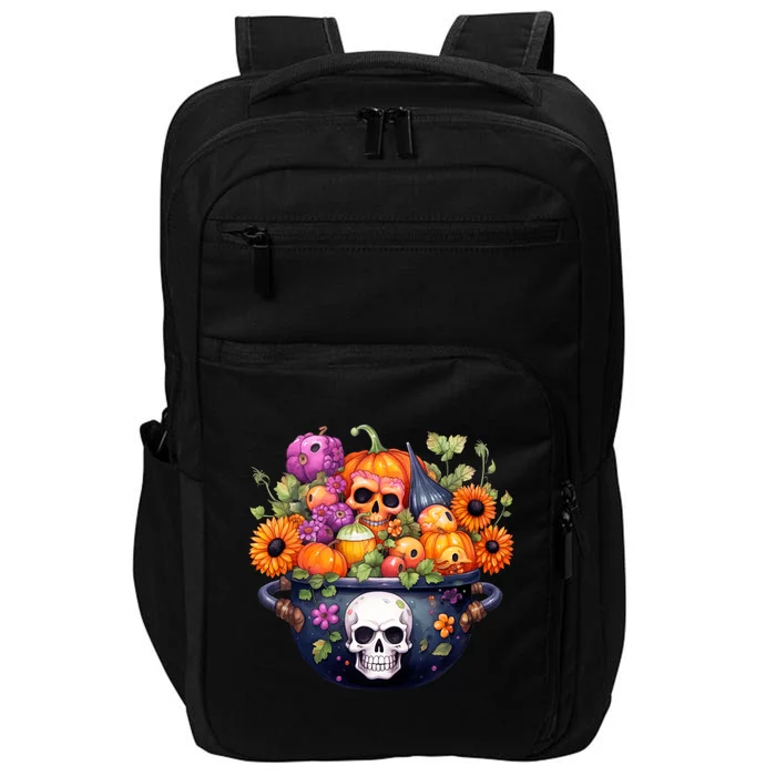 Kawaii Halloween Cauldron With Pumpkin And Flowers Impact Tech Backpack