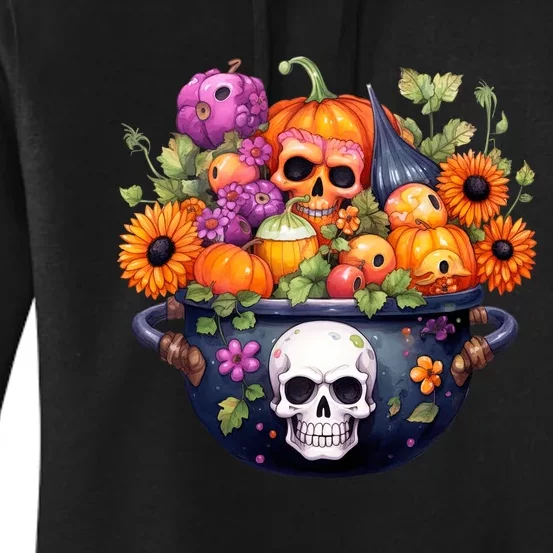 Kawaii Halloween Cauldron With Pumpkin And Flowers Women's Pullover Hoodie