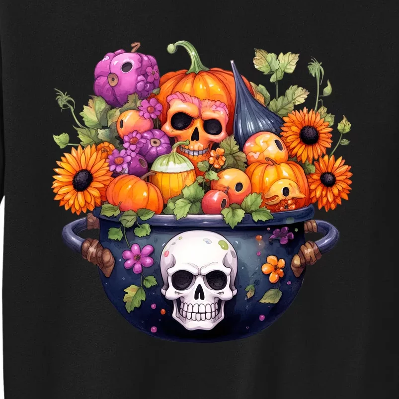 Kawaii Halloween Cauldron With Pumpkin And Flowers Tall Sweatshirt