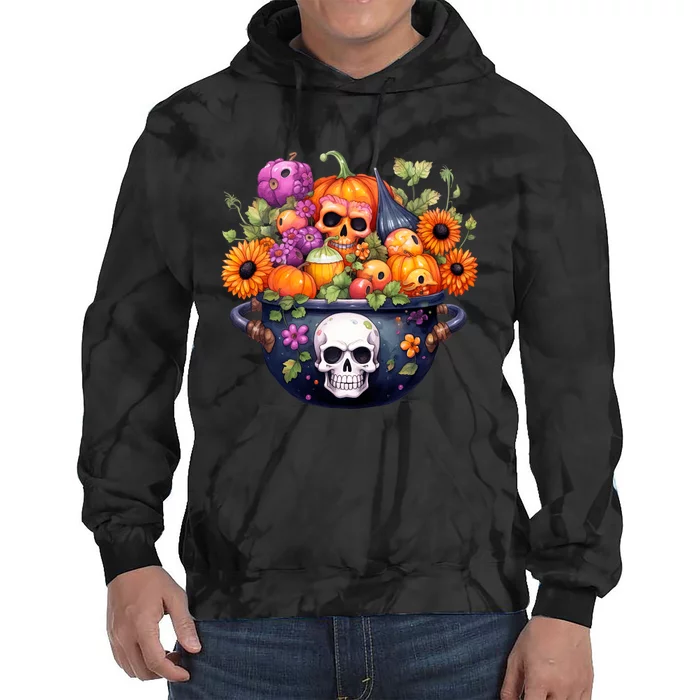 Kawaii Halloween Cauldron With Pumpkin And Flowers Tie Dye Hoodie