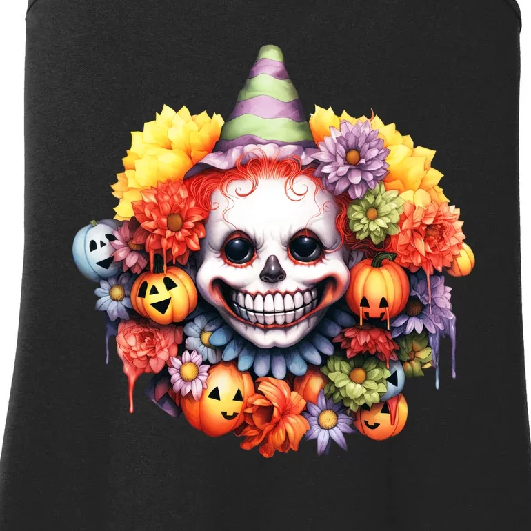 Kawaii Halloween Creepy Clown With Pumpkin And Flowers Ladies Essential Tank