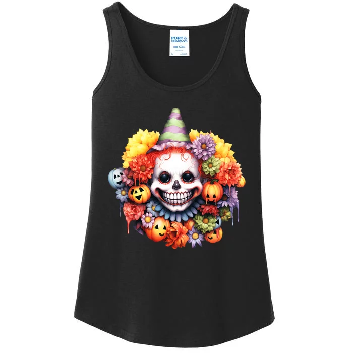 Kawaii Halloween Creepy Clown With Pumpkin And Flowers Ladies Essential Tank